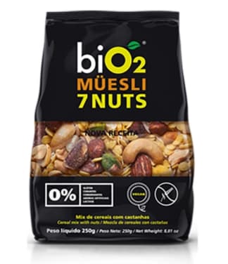 MÜESLI 7 NUTS 250g - flocos de milho, amendoim, flocos de quinoa, flocos de amaranto, castanha do pará, castanha de caju, coco, amêndoa salgada, linhaça, semente de girassol, avelã, macadâmia e pistache. NÃO CONTÉM GLÚTEN